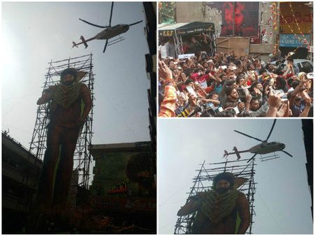 ನರ್ತಕಿ ಚಿತ್ರಮಂದಿರದ ಯಶ್ ಕಟೌಟ್ ಗೆ ಹೆಲಿಕಾಪ್ಟರ್ ನಿಂದ ಹೂವಿನ ಅಭಿಶೇಕ.!