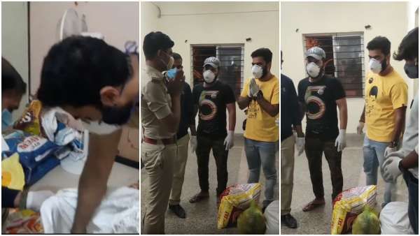 ಬಡವರಿಗೆ ಸಹಾಯ ಮಾಡುತ್ತಿರುವ ಪೊಲೀಸರಿಗೆ ದಿನಸಿ ನೀಡುತ್ತಿರುವ ಶೈನ್ ಶೆಟ್ಟಿ