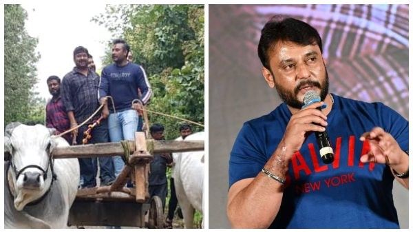 ಮಾಜಿ ಸಚಿವರ ಜೊತೆ ಎತ್ತಿನ ಬಂಡಿ ಏರಿದ ದರ್ಶನ್