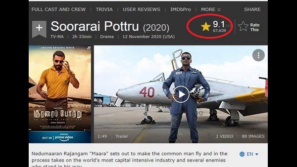 ಅತಿ ಹೆಚ್ಚು ರೇಟಿಂಗ್ ಪಡೆದ 'ಸೂರರೈ ಪೊಟ್ರು': ಸತ್ಯಾಂಶವೇನು?