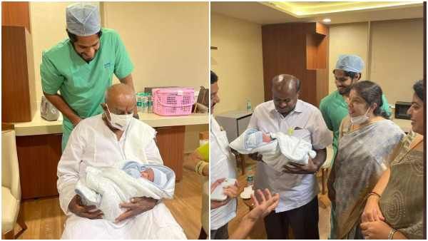 ಮೊಮ್ಮಗನನ್ನು ಎತ್ತಿ ಮುದ್ದಾಡಿದ ಕುಮಾರಸ್ವಾಮಿ: ದೇವೇಗೌಡರ ಕೈಯಲ್ಲಿ ಮರಿಗೌಡ್ರು