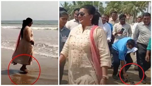 ಬೀಚ್‌ನಲ್ಲಿ ರೋಜಾ 'ಪಾದರಕ್ಷೆ' ಹಿಡಿದು ನೌಕರ: ಮತ್ತೊಂದು 'ಚಪ್ಪಲಿ' ವಿವಾದ