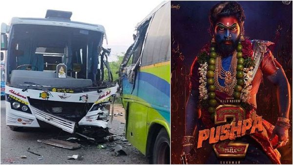 ಹೈದರಾಬಾದ್ ಹೈವೇನಲ್ಲಿ 'ಪುಷ್ಪ 2' ಕಲಾವಿದರಿದ್ದ ಬಸ್‌ಗೆ ಅಪಘಾತ: ನಿಂತಿದ್ದ ಬಸ್‌ಗೆ ಗುದ್ದಿದ ಚಾಲಕ