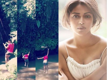 കുരങ്ങിനെ പോലെ; ഊഞ്ഞാലില്‍ നിന്ന് വെള്ളത്തിലേക്ക് ചാടുന്ന അമല പോളിന്റെ വീഡിയോ വൈറലാകുന്നു