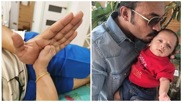 കുഞ്ഞിക്കാല് കൊണ്ട് ഹൈ ഫൈവ് അടിക്കുന്ന ഒര്‍ഹാന്‍ സൗബിന്‍! വൈറലായി ചിത്രം