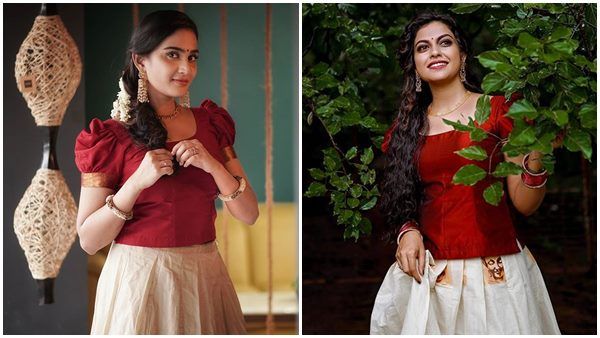 ചുവപ്പ് കുപ്പായവും വെള്ള കസവ് പാവാടയും; അനുശ്രീയാണോ, അദിതിയാണോ സുന്ദരി?