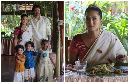 കേരളത്തനിമയില്‍ സാരിയുടുത്ത് സണ്ണി, ഇലയിട്ട് സദ്യയും; ചിത്രങ്ങള്‍ വൈറല്‍