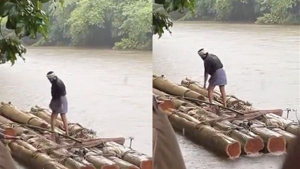 കുത്തിയൊലിക്കുന്ന പുഴയില്‍ ചങ്ങാടം ഒറ്റയ്ക്ക് തുഴഞ്ഞ് മോഹന്‍ലാല്‍; വീഡിയോ വൈറലാകുന്നു