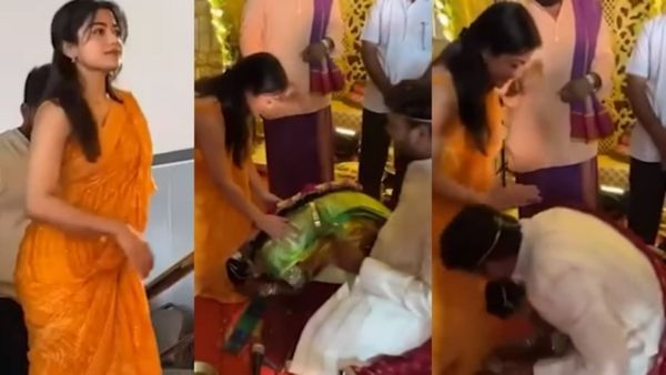 രശ്മിക മന്ദാനയുടെ കാലിൽ വീണ് അനു​ഗ്രഹം വാങ്ങി നവദമ്പതികൾ... ആശിർവദിച്ച് നടിയും, പരിഹസിച്ച് സോഷ്യൽമീഡിയ!