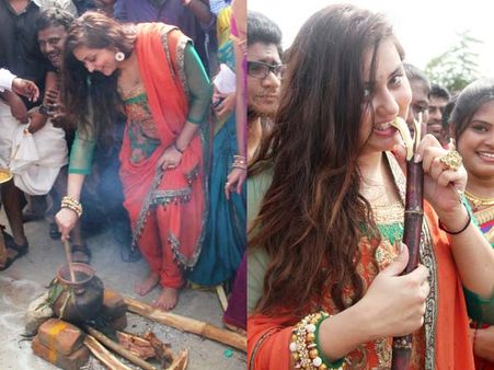 கோலம் போட்டு, கரும்பு கடித்து, உரியடித்து பொங்கல் கொண்டாடிய நமீதா!