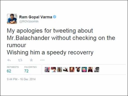 கே. பாலச்சந்தர்.. தப்பாக ட்வீட் செய்து மன்னிப்பு கேட்ட ராம் கோபால் வர்மா