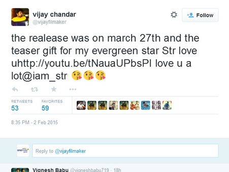 மார்ச் 27-ல் சிம்புவின் 'வாலு' ரிலீஸ்... டுவிட்டர் பக்கத்தில் அறிவித்தார் டைரக்டர் விஜய் சந்தர்!