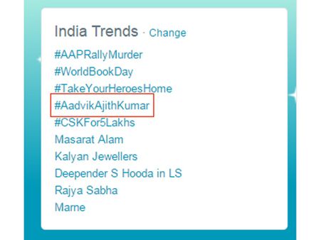 தீயாக வேலை செய்யும் 'தல' ரசிகர்கள்: ட்விட்டரில் ட்ரெண்டாகும் ஆத்விக் அஜீத்குமார்