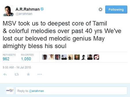 எம்.எஸ்.வி என்ற அறிவுஜீவியை இழந்து விட்டோம் - ஏ.ஆர். ரஹ்மான் இரங்கல்