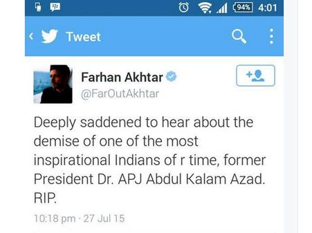 அனுஷ்கா போன்றே ட்விட்டரில் கலாம் பெயரை தவறாக எழுதிய நடிகர்: ஆனால் 'எஸ்கேப்'