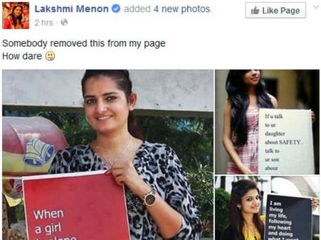 'பெண்ணிய' போராளியான நடிகை லட்சுமி மேனன்... பேஸ்புக்கில் அதிரடி