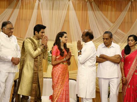 எம்எஸ் குகன் மகள் திருமண வரவேற்பு... ரஜினிகாந்த் பங்கேற்று வாழ்த்து!