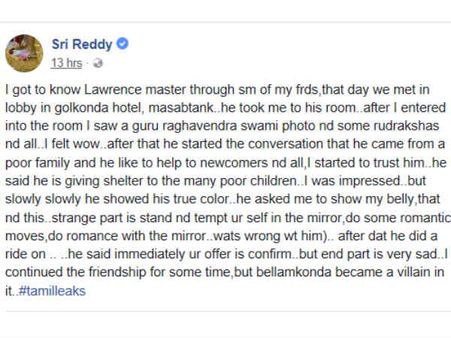 ‘ஹைதராபாத் ஹோட்டலில் வைத்து..’ ராகவா லாரன்ஸ் பற்றி திடுக் பதிவு வெளியிட்ட ஸ்ரீரெட்டி