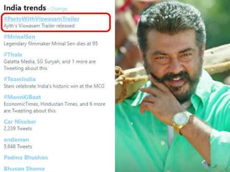 ட்விட்டரை அதிர வைத்த தல ரசிகாஸ்: ட்ரெண்டில் உலக அளவில் முதலிடம் #PartyWithViswasamTrailer