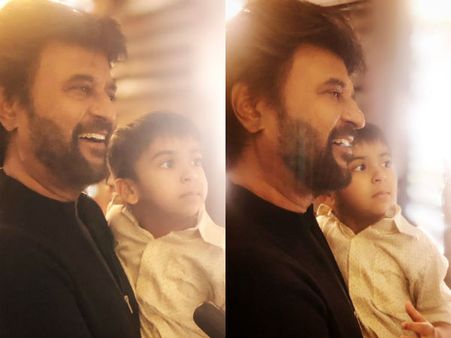 தர்பார் செட்டில் செல்லப் பேரனுடன் ரஜினி: வைரல் புகைப்படங்கள்