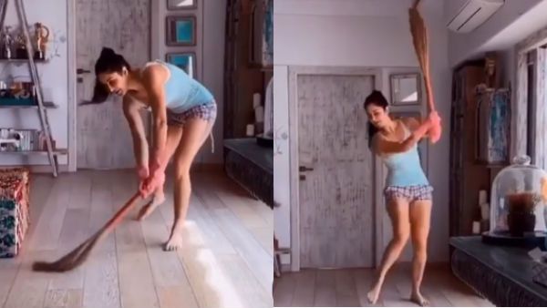 பாத்திரம் கழுவியாச்சு.. அடுத்தது.. கையில் துடைப்பத்துடன் கத்ரீனா கைஃப் என்ன பண்றாருன்னு பாருங்க!