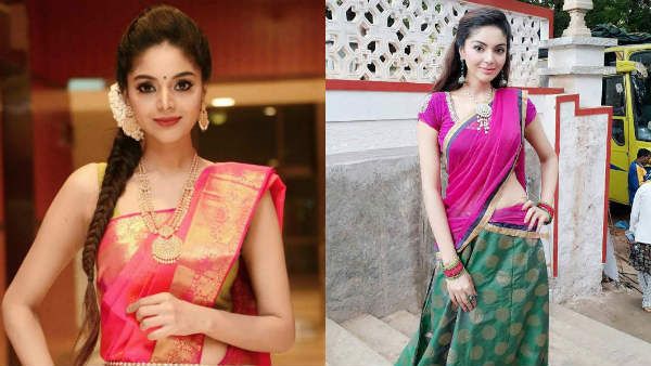 பாவாடை தாவணியில் இடை தெரிய அம்சமாக போஸ்... வாவ் என உருகும் ரசிகர்கள்!