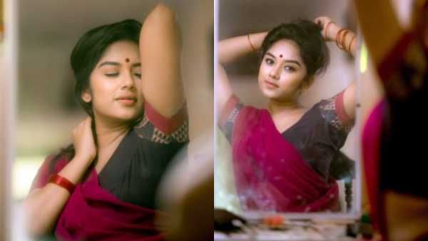 பாவாடை தாவணியில்.. ஒத்தைக் கையைத் தூக்கி.. சொக்கிப் போய் நிற்கும் ரசிகர்கள்!