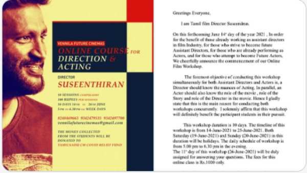 இயக்கம்.. நடிப்புக்கு ஆன்லைன் வகுப்பு… வருமானத்தை கொரோனா நிவாரண நிதிக்கு அளிக்க சுசீந்திரன் முடிவு !