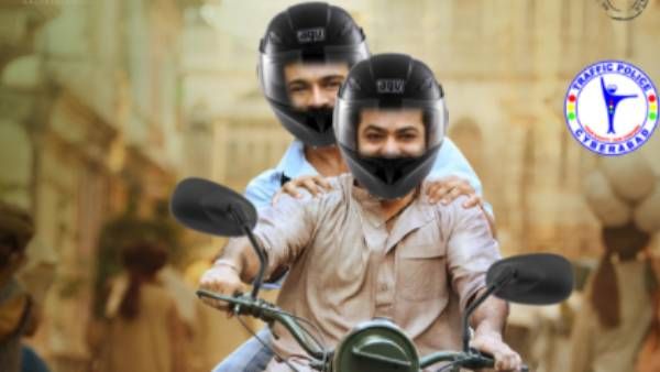 ராம்சரண், ஜூனியர் என்டிஆருக்கு ஹெல்மெட் போட்டுவிட்டு… அட்வைஸ் பண்ண காவல்துறை !