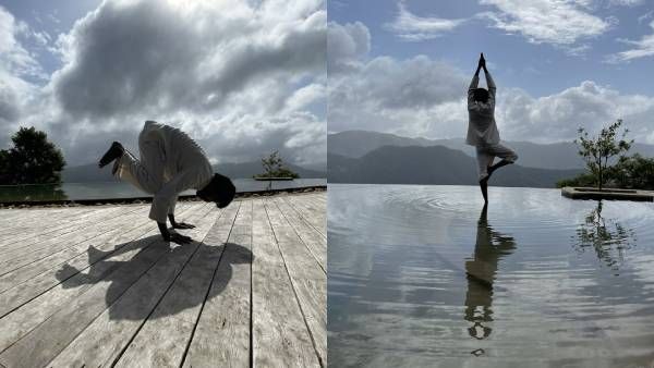 ஒற்றைக் காலில் நின்றும்.. கைகளை மட்டும் ஊன்றியும்.. நடிகர் சூரியின் அசத்தல் யோகா!