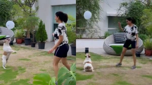 நாய்க்குட்டியோட பலூன் விளையாட்டு விளையாடிய சமந்தா... சின்னப்புள்ளத்தனமா இல்ல இருக்கு!