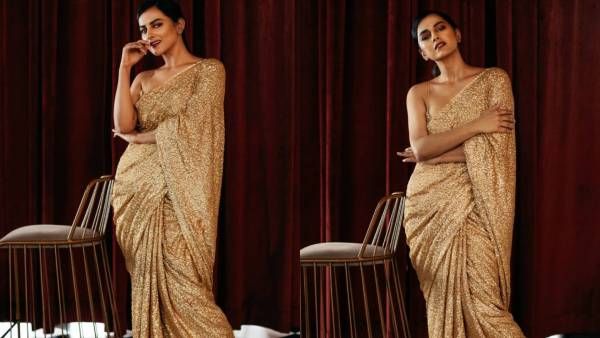 தங்க நிற க்ளிட்டர் புடவையில் மாதவன் பட நடிகை.. பார்க்கும் போதே பக்குனு ஆயிடுச்சு!