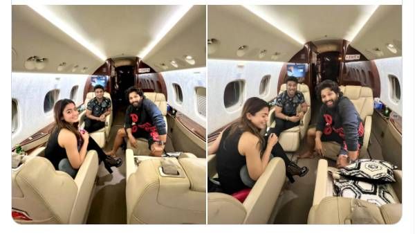 எதுக்குயா இப்படி சிரிக்கிறாங்க... பிளைட்டை கலகலப்பாக்கிய புஷ்பா டீம்!