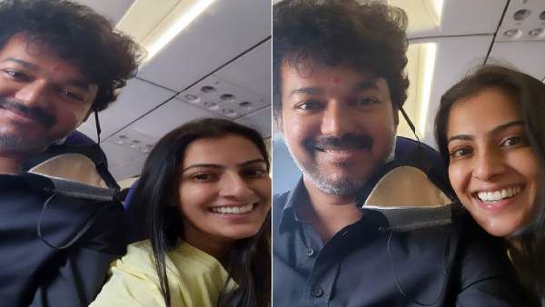 நெற்றியில் சந்தனம், குங்குமத்துடன் விஜய்..விமானத்தில் பறந்தபடி விதவிதமான போஸ்!