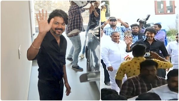 கெடா மீசை.. கையில் காப்பு.. கருப்பு சட்டையில் கலக்கலாக ரசிகர்களை சந்தித்த விஜய்!