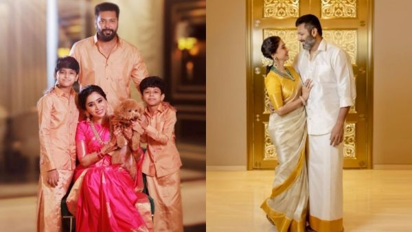 ப்பா.. பட்டு வேட்டியில் ஜெயம் ரவி.. பட்டுச் சேலையில் ஆர்த்தி.. காதலர் தினத்தில் மனைவியுடன் செம போஸ்!