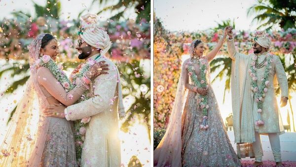 கோல்டன் க்ரீம் உடை.. வைர நெக்லஸ்.. மணமகளாக ரகுல் ப்ரீத் சிங் எப்படி ஜொலிக்கிறாரு பாருங்க.. செம!