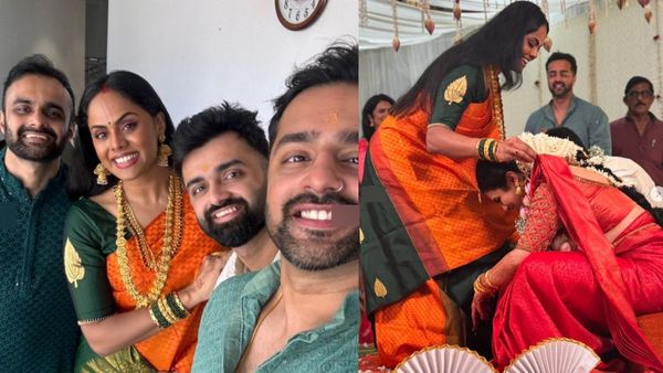 அதுக்குள்ள இன்னொரு கல்யாணமா?.. கார்த்திகா நாயர் வீட்டில் டும் டும் டும்.. காலில் விழுந்த மணமக்கள்!