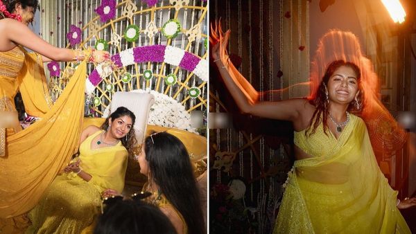 ஷங்கர் மகளின் ஹல்தி கொண்டாட்டம்.. மஞ்ச காட்டு மைனா போல் ஜொலித்த நடிகை அதிதி ஷங்கர்!