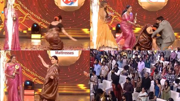 சின்னத்திரை நடிகர்கள் விருது விழாவில் கீழே விழுந்த குஷ்பு! பரிதாபப்பட்டவர்கள் முன் நடனமாடி கெத்து!