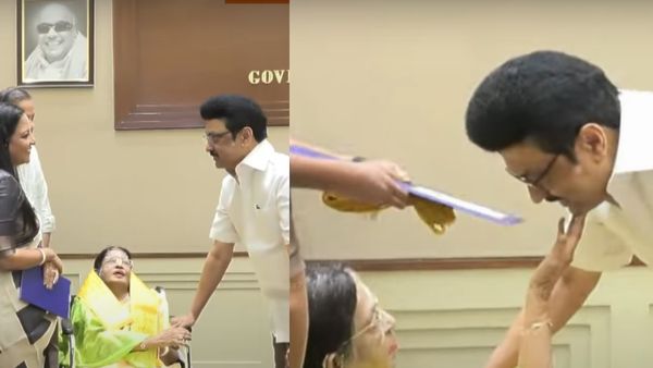 கலைஞர் நினைவு வித்தகர் விருது விழா! முதலமைச்சரின் கன்னத்தைத் தொட்டுப் பேசிய பாடகி சுசீலா..செம க்யூட்