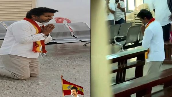 தேர்தலில் வெற்றி பெற.. தேவாலயத்தில் முட்டி போட்டு நடந்து சென்று வேண்டிய தவெக தலைவர் விஜய்..