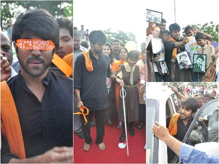 కళ్లకు గంతలతో రామ్‌చరణ్‌ నడక (ఫొటోలు)