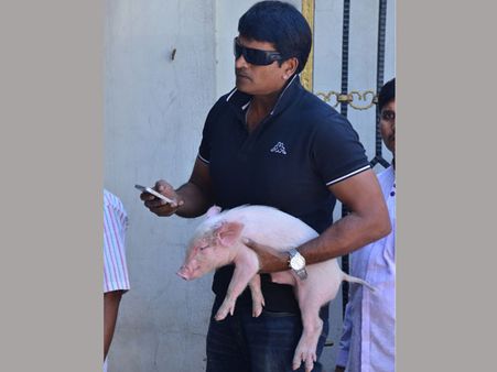 షాక్ : ATM వద్ద పందిపిల్లను పట్టుకుని క్యూలో రవిబాబు (ఫొటో)