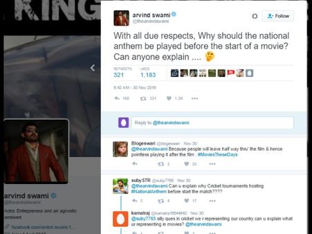 జాతీయ గీతం పై సంచలన వ్యాఖ్య ... చిక్కుల్లో పడ్డ ధృవ విలన్ అరవింద స్వామి