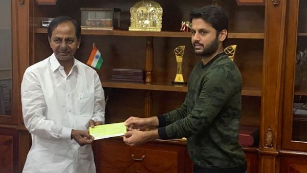 ప్రభుత్వానికి సాయం.. కేసీఆర్‌కు చెక్కు అందజేసిన నితిన్