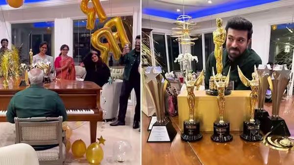 RRR Oscars: రాజమౌళి ఇంట్లో ఆస్కార్ సెలబ్రేషన్స్.. అవార్డులతో రామ్ చరణ్ అలా.. ఫొటోలు వైరల్