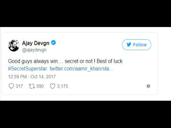 आमिर खान के ट्वीट को रीट्वीट करते हुए अजय देवगन ने लिखा है- अच्छे इंसान हमेशा जीतते हैं। सीक्रेट हो या ना हो। सीक्रेट सुपरस्टार के लिए शुभकामनाएं।