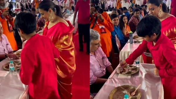 Kajol Shares video of son yug serving dishes at durga puja pandal, check the video here Kajol Shares video of son yug serving dishes at durga puja pandal, check the video here