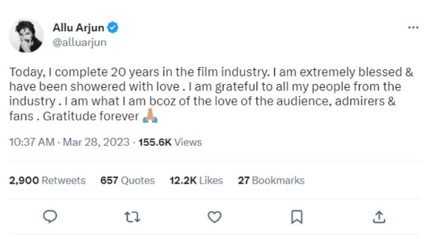 अल्लू अर्जुन ने इंडस्ट्री में पूरे किए 20 साल, किया सबका शुक्रिया
